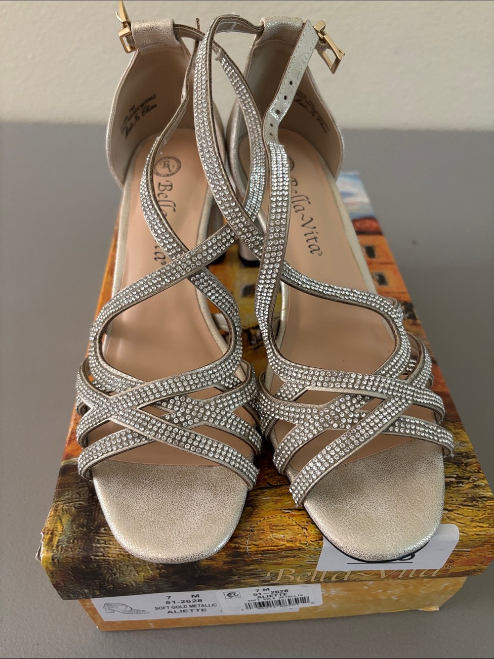 Bella Vita Champagne Metallic Rhinestone Strappy Heels